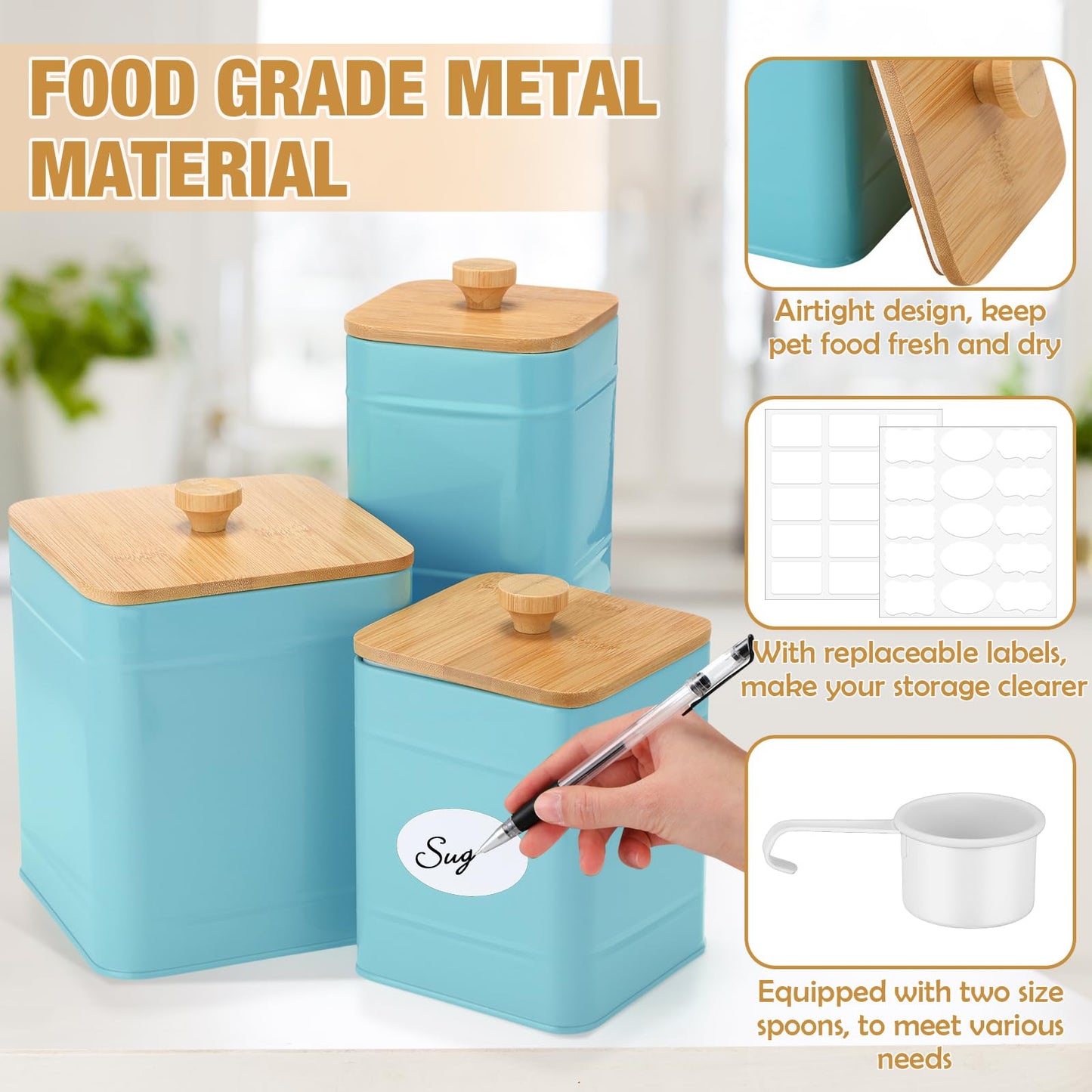 Tioncy Kitchen Canisters for Countertop Set of 3 Metal Canisters Sets with Bamboo Lids Spoon Airtight High Capacity Coffee Tea Sugar Flour Jars with DIY Labels Farmhouse Food Storage(Turquoise,L,M,S)