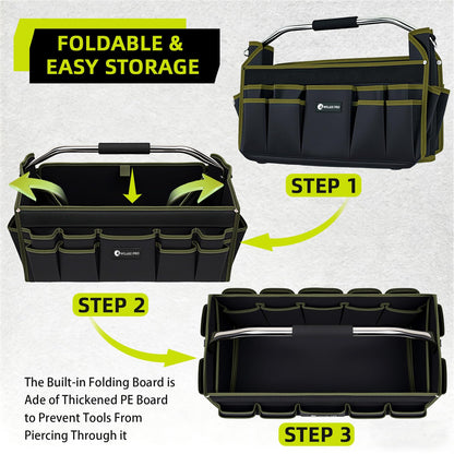 WILAXI PRO 20in Foldable Open Top Tool Bags For Men Heavy Duty, Tool Carrier hard With Handle, Wide Mouth Electrician Tool Tote, Many Pockets Can Hold Many Tool, Green