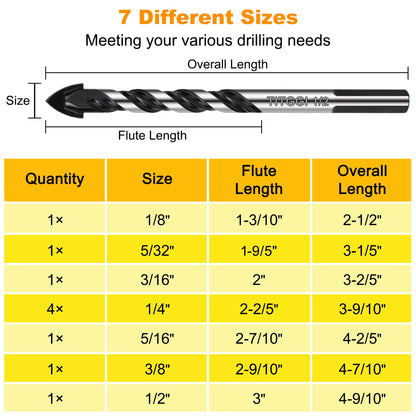 10PCS Tile Drill Bits Set, Professional Masonry Drill Bits Set for Porcelain/Glass/Brick/Plastic/Cement/Wood/Tile/Etc (3mm to 12mm)