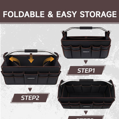 20 In Tool Carrier, Open Top Tool Tote 30 Pockets, Waterproof Tool Bag For Men, Foldable Wide Mouth Electricians Tool Bag, With Stainless Steel Handle and Removable Shoulder Strap