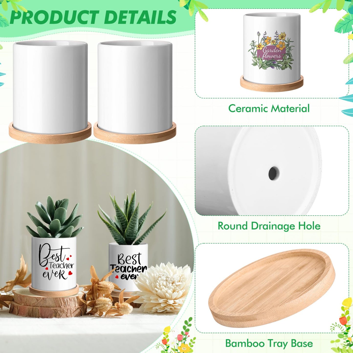 Teenyyou 6 Pcs Sublimation Flower Pot Blanks Mini 3.2 in Garden Ceramic Succulent Planter Pot with Bamboo Tray with Drainage Hole Thank You Gifts for Employee Appreciation Plant Lover