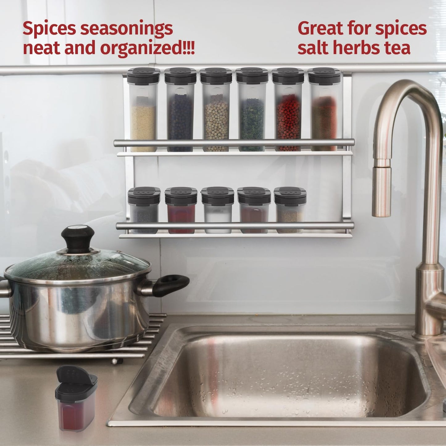 SIGNORA WARE Plastic Spice Containers – Spice Jar Set 8 Pack, 4 Mini, 4 Large – Spice Jars to Store Spices, Herbs, Marinade, Sugar, Salt, Pepper – Refillable Airtight Small Spice Jars with 2 Way Lids