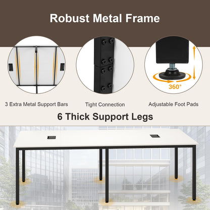 Nightcore Rectangle Conference Table for 10, 8 ft Large Seminar Table with 2 Cable Grommets, Modern Industrial Office Computer Desk with Metal Legs for Boardroom, Meeting Room, White