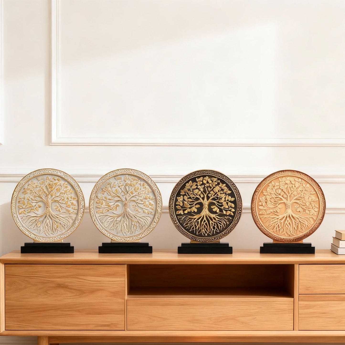 Tree of Life Sculpture for Home Decor,Above Cabinet Decor Kitchen,Boho Knick Knacks Shelf Decor Accent,Round Statue for Credenza Bookshelf Rustic Shabby Chic Center Pieces Decoration (White Gray)