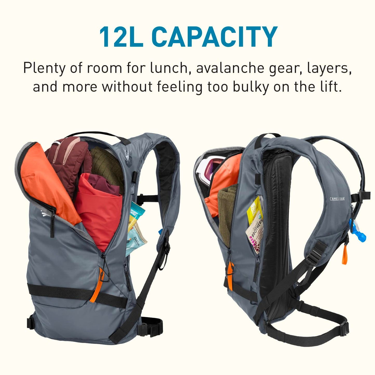 CamelBak Powderhound 12 Snow Hydration Pack with Ski and Snowboard Carry, Insulated Design for All Day Winter Riding, Grey/Orange