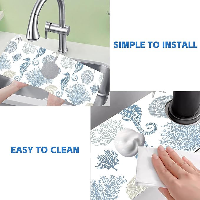 Marine Seashell Seahorse Coral Kitchen Sink Splash Guard Mat Absorbent Fast