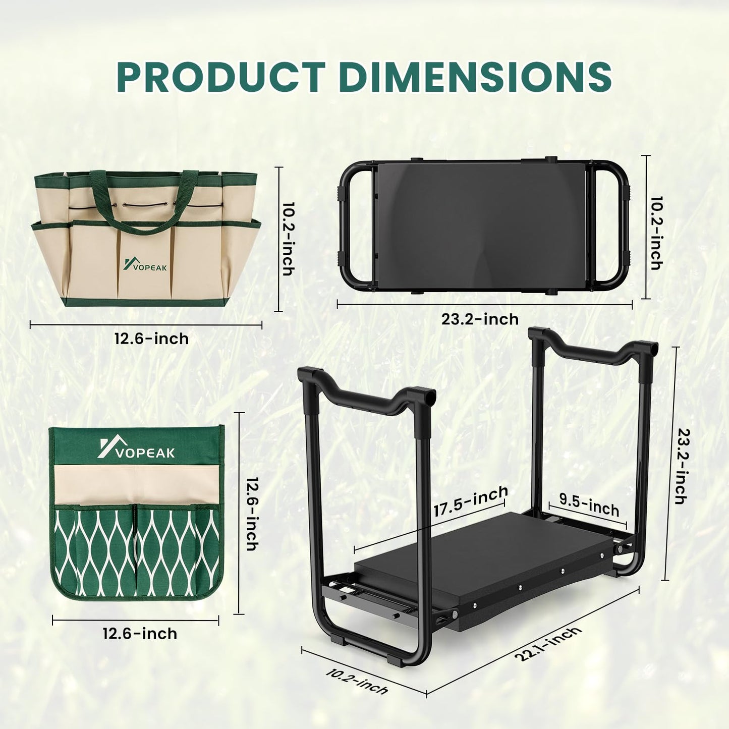 VOPEAK Garden Kneeler and Seat Heavy Duty, Foldable Garden Stool with Upgraded Widened Thick Kneeling Pad, Stable Garden Kneeler with 2 Large Tool Bags, Gardening Gifts for Women, Men, Seniors, Green