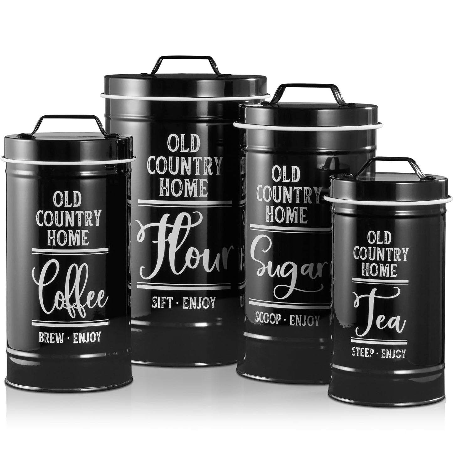 Bivvclaz Canisters Sets for the Kitchen, Airtight Kitchen Canisters for Countertop, Flour and Sugar Containers, Tea Coffee Sugar Canister Set, Coffee Bar Decor and Accessories, Set of 4, Black