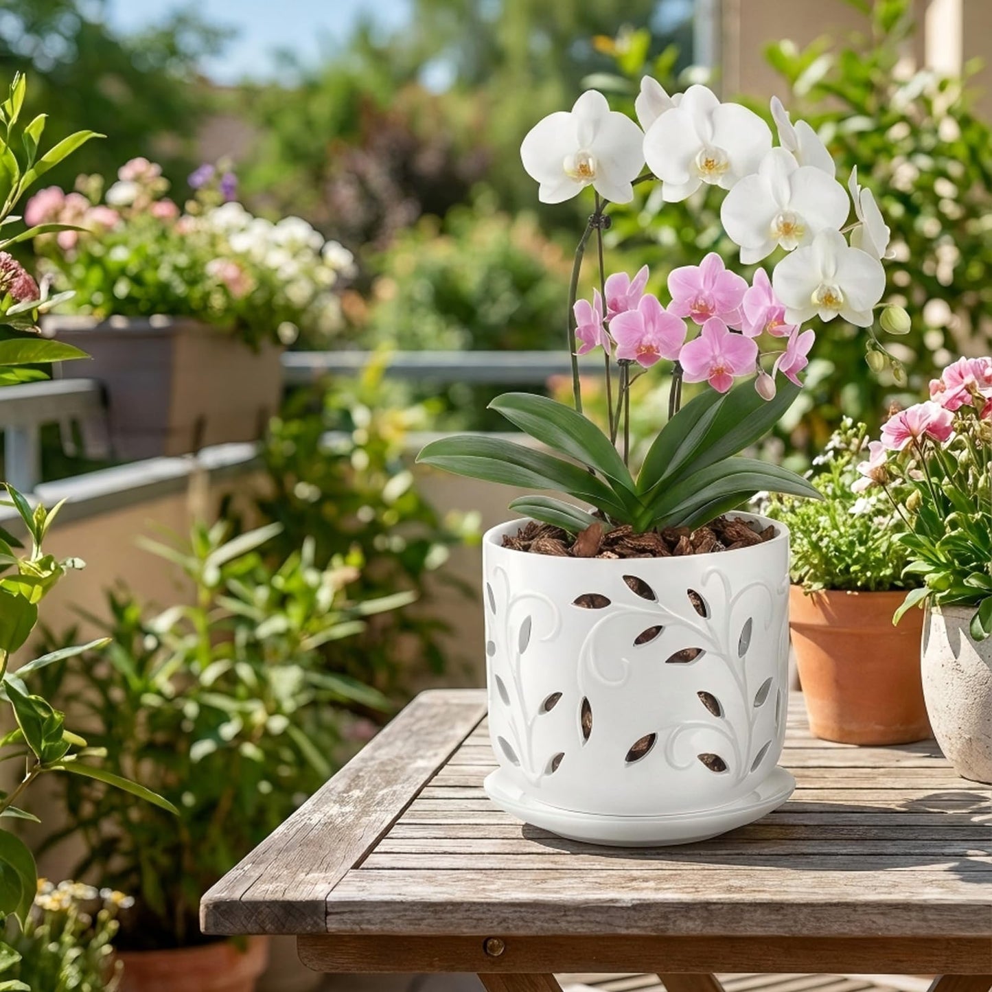 EFISPSS Ceramic Orchid Pots 5+6 Inch White with Drainage Holes & Tray, Breathable Airflow, Indoor & Outdoor