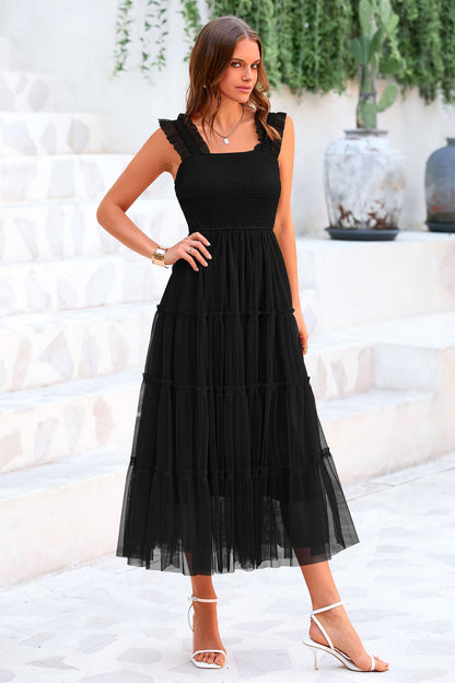 PRETTYGARDEN Women's Summer Tulle Midi Dress Sleeveless Smocked Ruffle Flowy Mesh Dresses Party Wedding Guest Sundress (Black,Large)