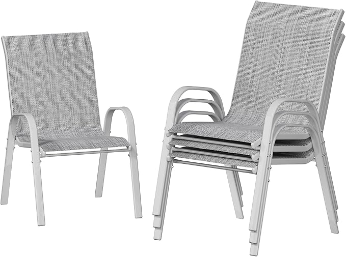 UDPATIO Patio Chairs Set of 4, Stackable Silver Outdoor Dining Chairs with High Back, Breathable Outdoor Chair Textilene Fabric All Weather, 350LBS Capacity for Garden, Backyard (Light Grey)