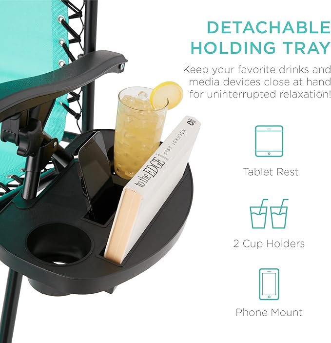 Best Choice Products Set of 2 Adjustable Steel Mesh Zero Gravity Lounge Chair Recliners w/Pillows and Cup Holder Trays - Mint