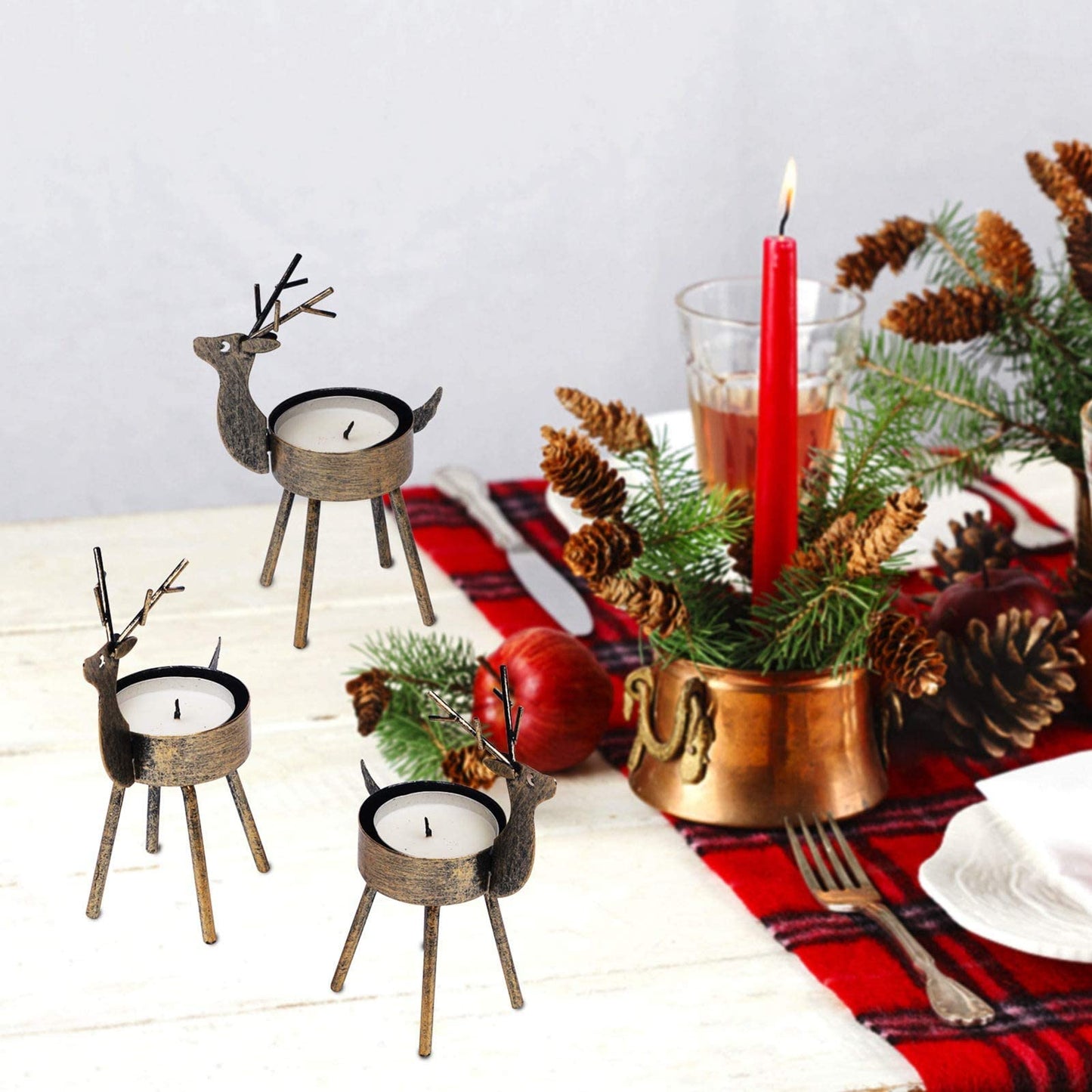 Juegoal Reindeer Tealight Candle Holders, Set of 6 Christmas Decorations Standing Iron Metal with Rustic Bronze Finish, Durable and Rust-Proof Candlestick Holiday Tabletop Centerpiece and Display