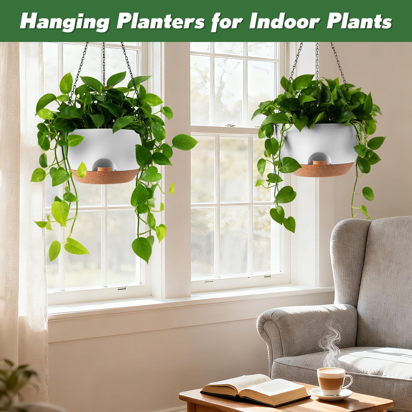WUCEIAUU 13-inch Oversized Hanging Planter Set of Two,Planters for Indoor and Outdoor Plants.Place Plant pots Across Diverse Settings Including windowsills,Living Room,and Gardens.White-Brown