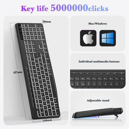TECURS Wireless Keyboard White Backlit, 2.4G Silent Keyboard Wireless Gaming with Multimedia Keys for Windows/Mac/PC, QWERTY UK Layout, Black