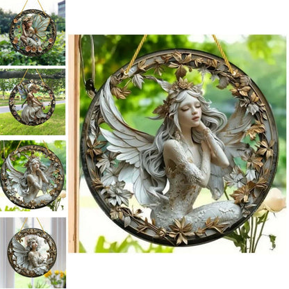 VTYFRY Flower Fairy Garden Decorations Angel Wing Christmas Halloween Deco Statue Art Elf Sculpture Hanging Craft for Outdoor Yard Courtyard Lawn Patio Window Acrylic Ornament Home Gift (C,S: 6*6 IN)
