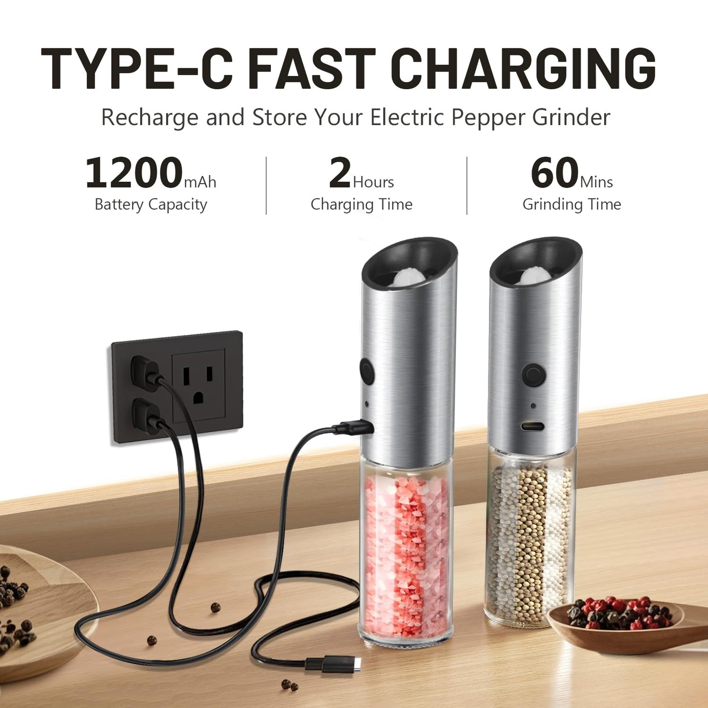 Solisifime Gravity Electric Salt and Pepper Grinder Set, USB Rechargeable Stainless Steel Mills with Large Capacity Tall Glass, LED Light, Adjustable Coarseness, Ideal for Kitchen and Dining(2PCS)