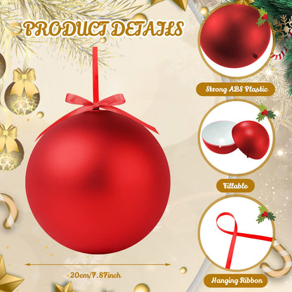 Weysat 2 Pcs 8 Inch Extra Large Fillable Christmas Ball Ornaments Giant Matte Red Plastic Christmas Tree Ornaments Balls with Hanging Ribbons for Outside Lawn Yard Tree Decorations