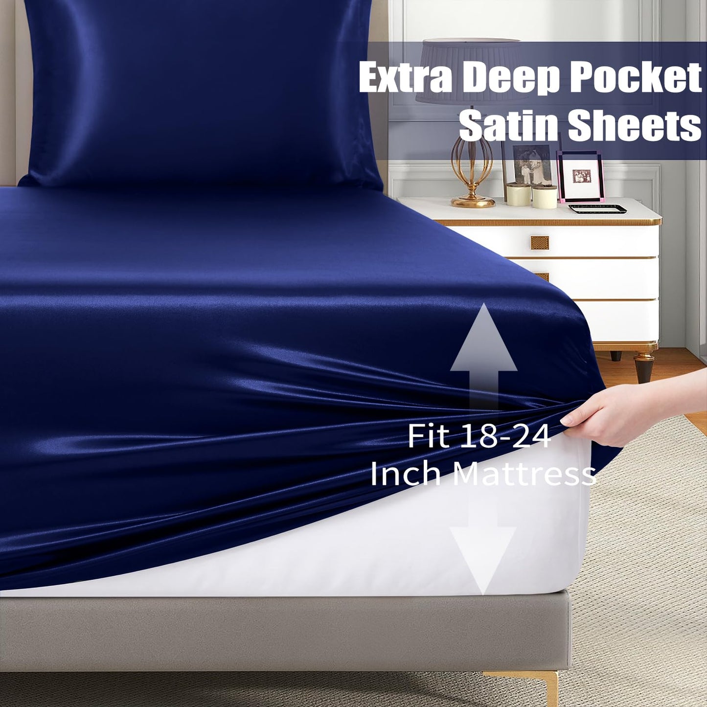 VACVELT 3pcs Extra Deep Pocket Satin Fitted Sheet Set King Bed Set, Navy Blue Bottom Sheet Fit 18-24 Inch Deep Pocket Mattress, Silky Bedding Set Soft & Ultra Deep Fitted Sheet + 2 Pillowcase