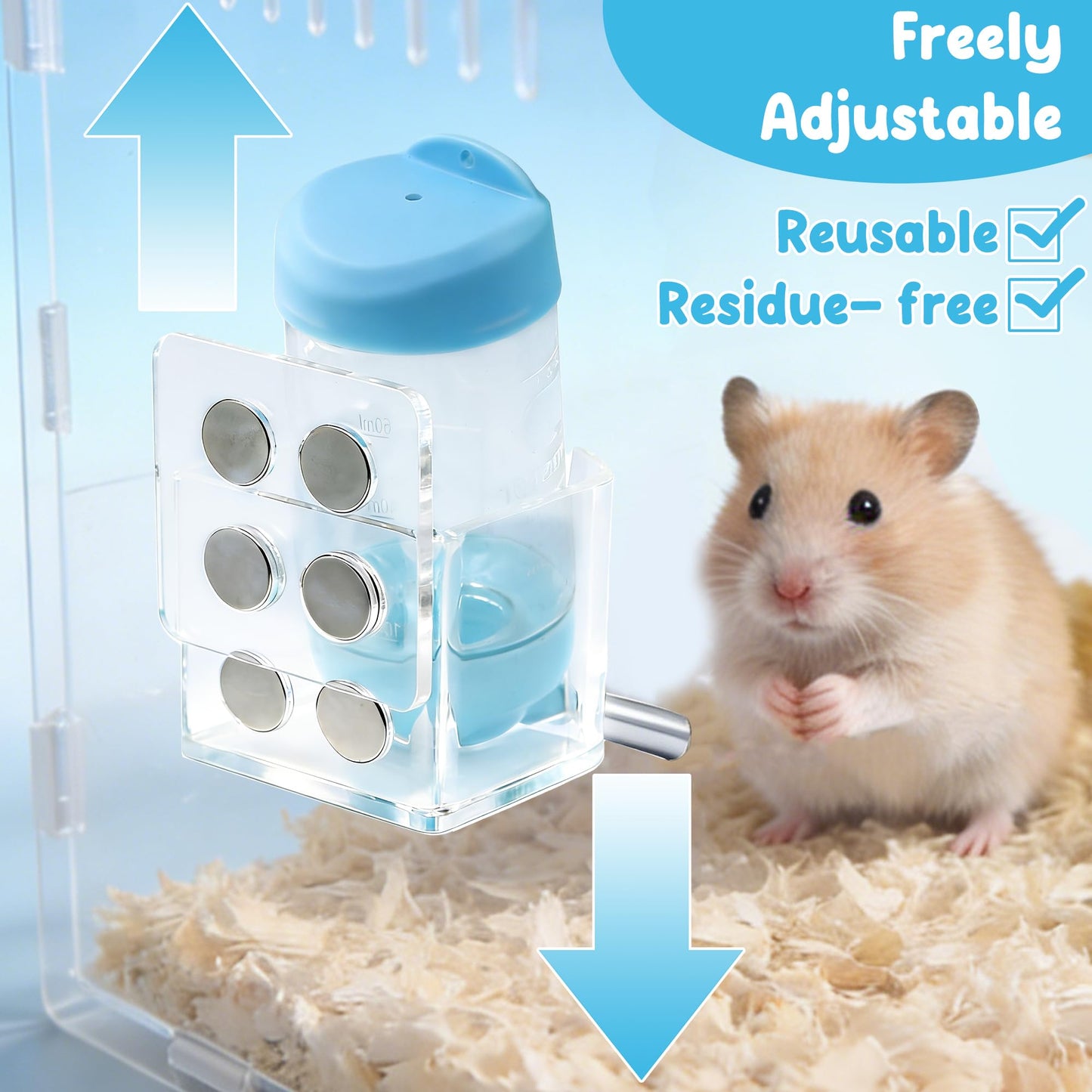 Magnetic Hamster Water Bottle Holder with Water Bottle, Adjustable Height Drop-Resistant Stand, Fits Bottles up to 2" Dia, Universal for Small Pets (Hamsters, Gerbils, Mice), Hamster Cage Accessories