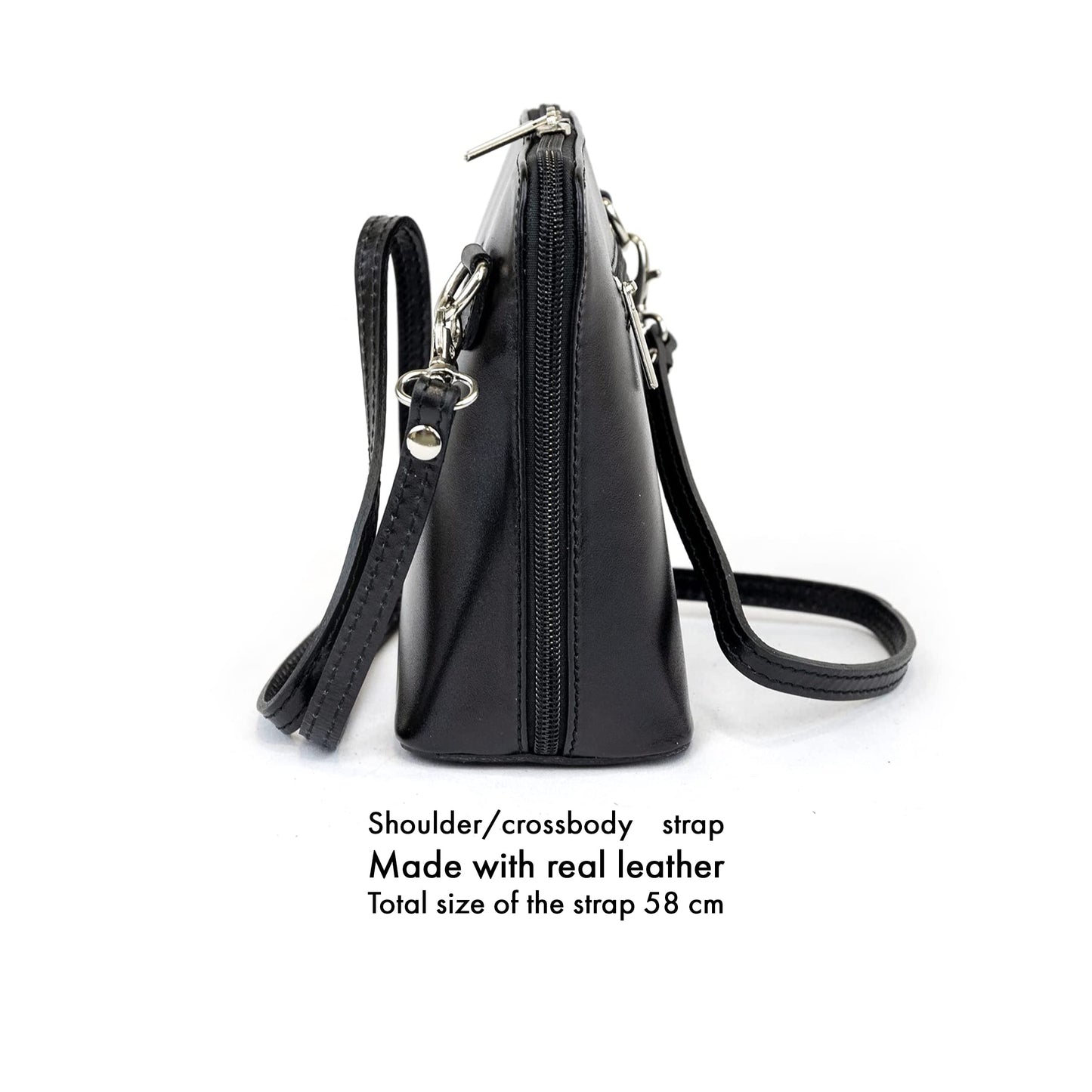 Small Vera Pelle Handbag Genuine Leather Cross Body Bag for Women Italian Mini Shoulder Bag Highquality Strap (Black)