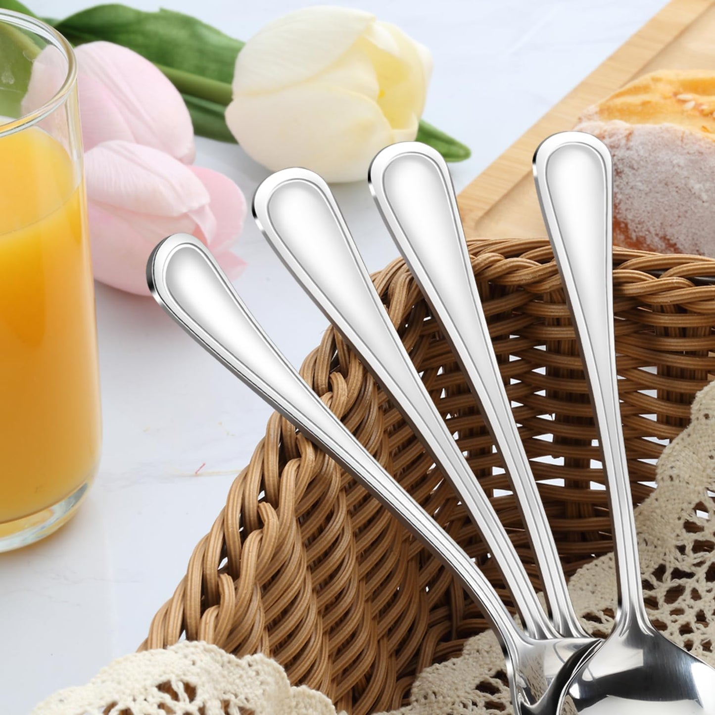 Hunnycook 24-Piece Soup Spoons - Round Spoon, 6.9 Inch Stainless Steel Korean Spoons for Soup, Cereal, Dessert, Dishwasher Safe & Line Pattern