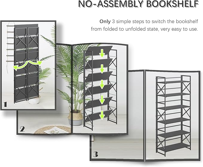 4NM 6 Tiers No Assembly Book Shelves, 61.8" H Folding Bookshelf Bookcase Open