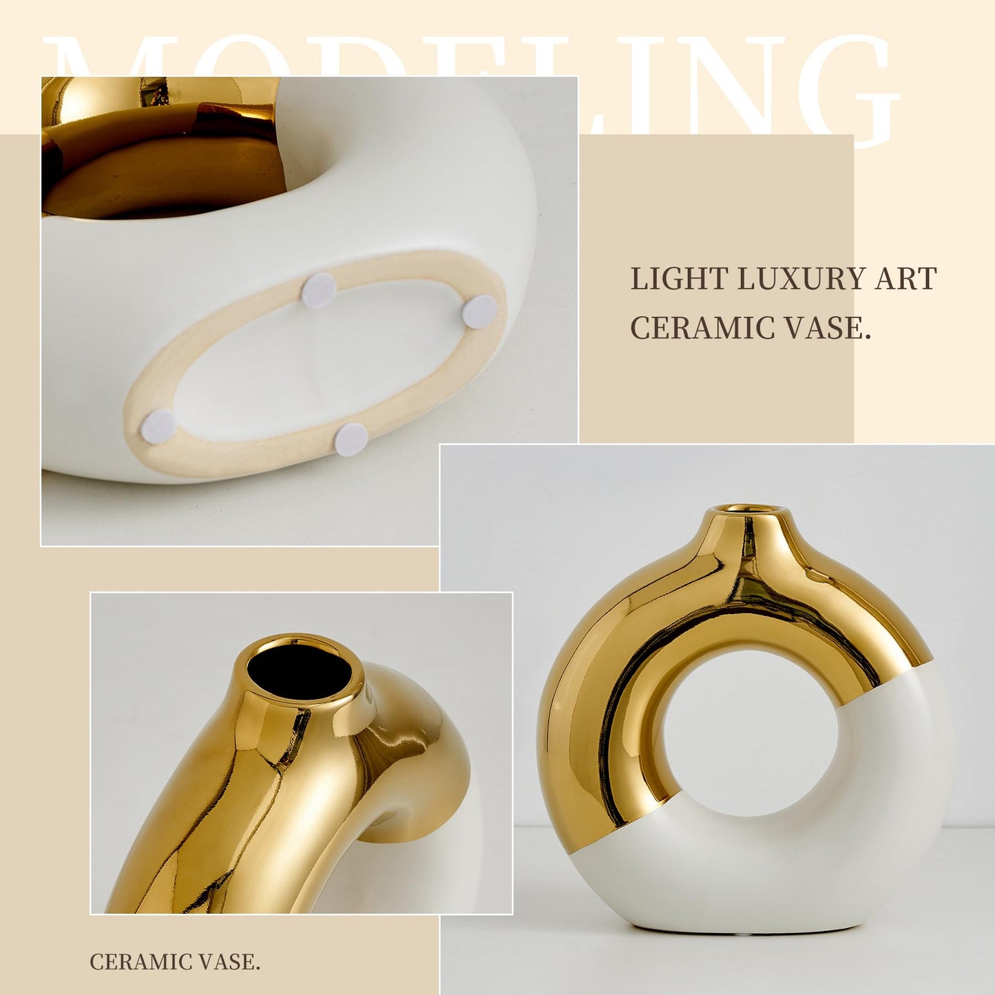 FJS Ceramic Donut Vase, 8" L x 8" H White and Gold Round Vase for Pampas Grass, Nordic Modern Vases for Decor, Ceramic Vase Centerpieces for Wedding, Bedroom, Living Room, Coffee Table, Office