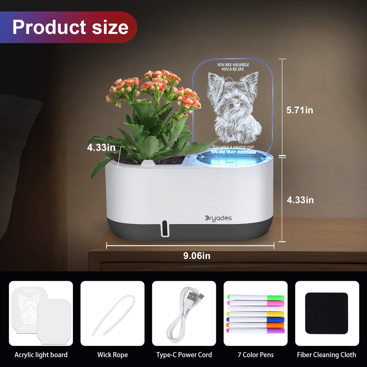 DRYADES Self-Watering Plant Pot with LED Note Board & 7 Colors Pen, Led Acrylic Message Board with Plant Pot,Dog Board Night Light with Planting Pot for Mother's Day/Thanksgiving/Gifts(No Plant&Seed)