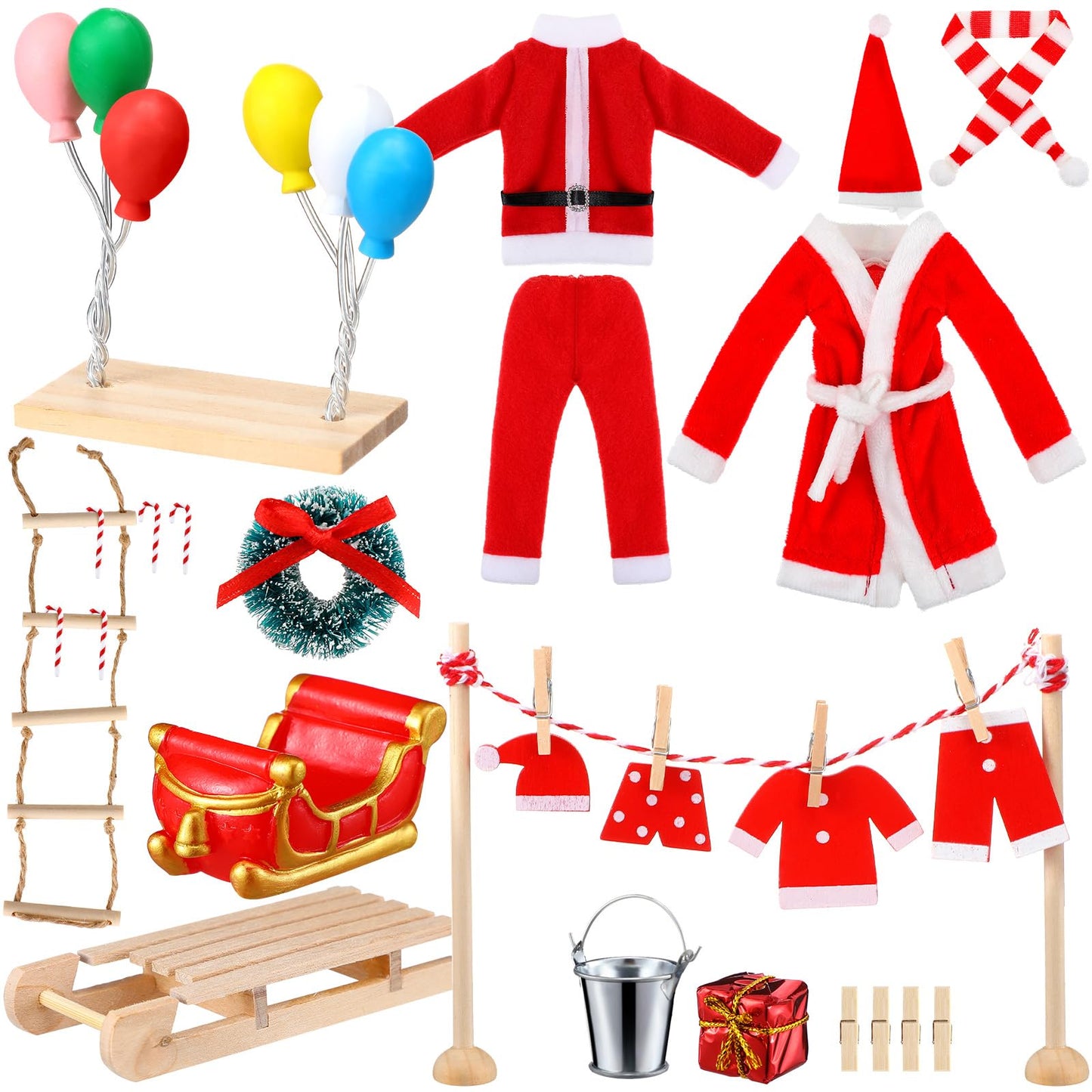 Civaner 34 Pcs Christmas Elf Costume and Accessories Set Include Mini Santa Outfits Elf Robe Scarf Hat Ladder Candy Canes Sled Gift Box Balloon Wreath and Mini Props for Xmas DIY Craft Gift