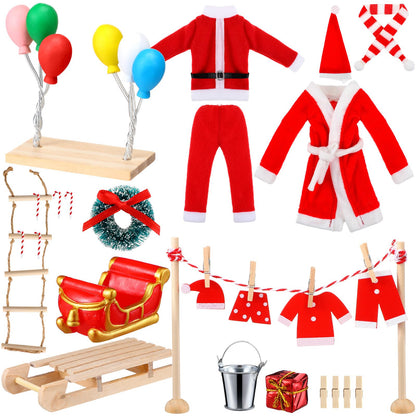 Civaner 34 Pcs Christmas Elf Costume and Accessories Set Include Mini Santa Outfits Elf Robe Scarf Hat Ladder Candy Canes Sled Gift Box Balloon Wreath and Mini Props for Xmas DIY Craft Gift