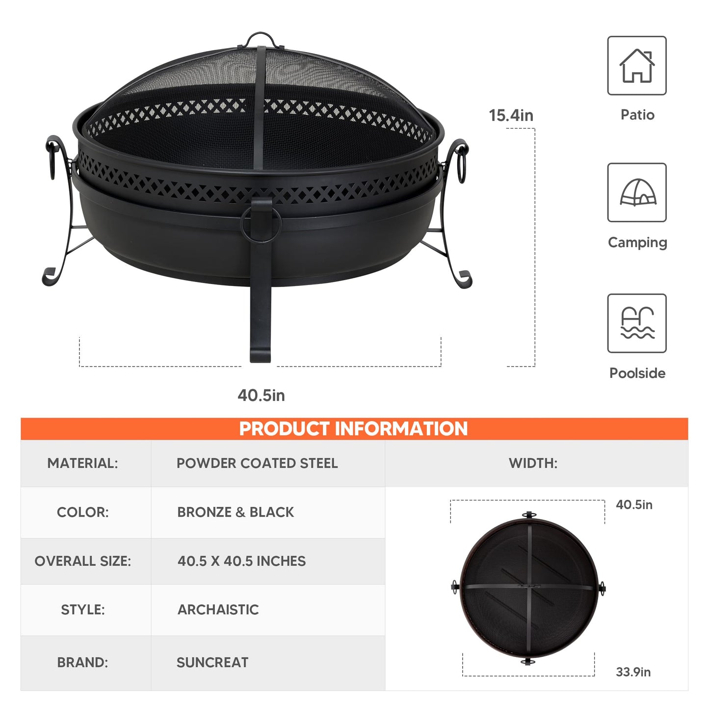 SUNCREAT Outdoor Patio Fire Pit with Mesh Spark Screen, 40" Portable Fire Pit for Camping, Black