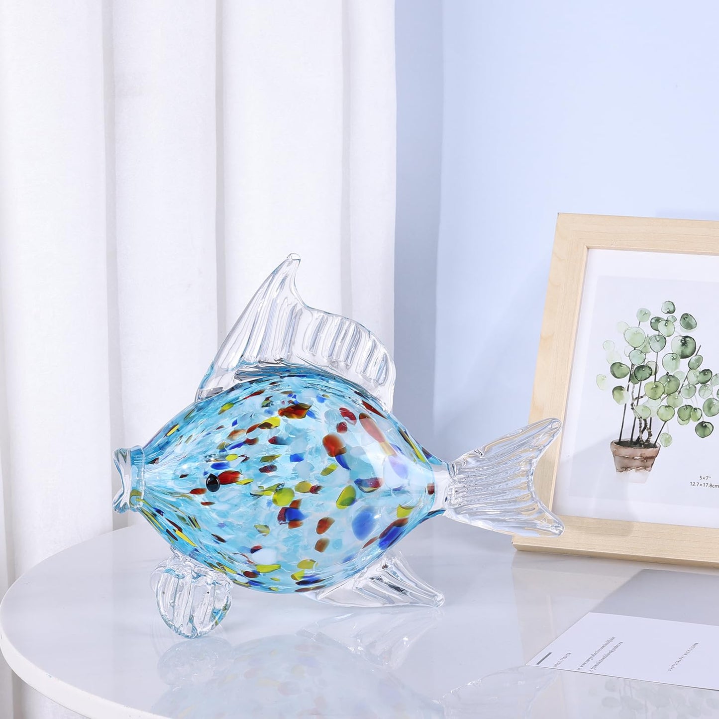 LINYTHER Large Glass Fish Figurine for Home Decor, Hand Blown Art Glass Ocean Animal Statue, Decorative Coastal and Beach Themed Sculpture for Table, Shelf, Bathroom, Living Room or Office