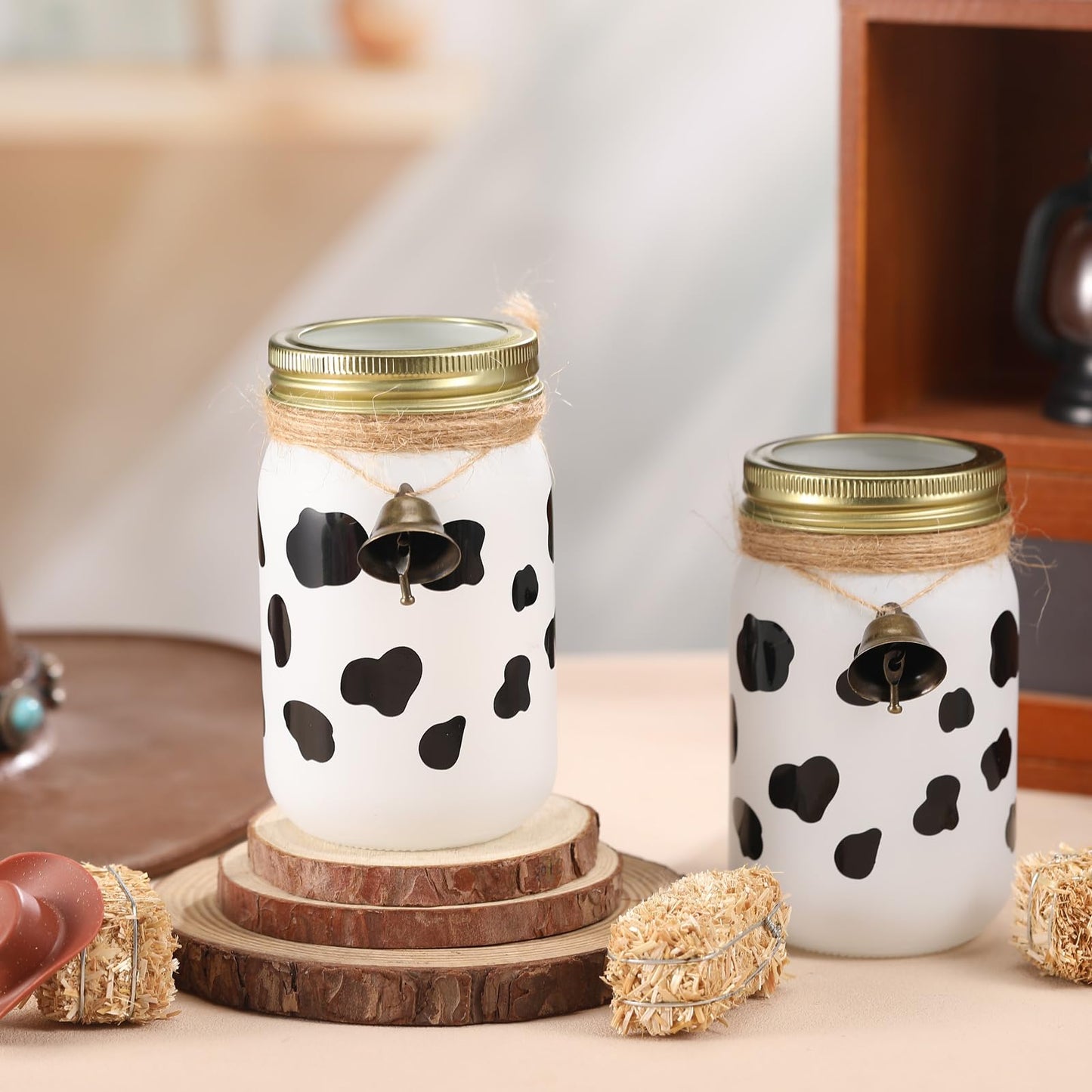 Chunful 6 Pcs Western Cowboy Mason Jars Centerpieces with Brass Bells for Table Cowboy Baby Shower Decorations Cow Print Western Theme Party Baby Shower Table Centerpieces