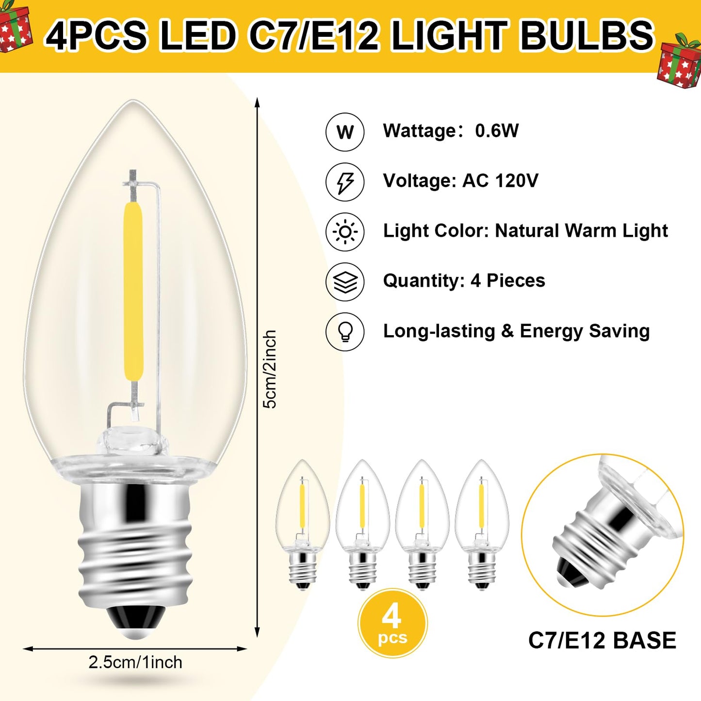 1Pack Accessory Cord with 4LED Bulbs and Outlet Christmas Village Light 8.9FT Blow Mold Light Cord with Spare Fuse Warm White C7 Lamp Christmas Village Accessories for Village Houses Craft Pumpkin