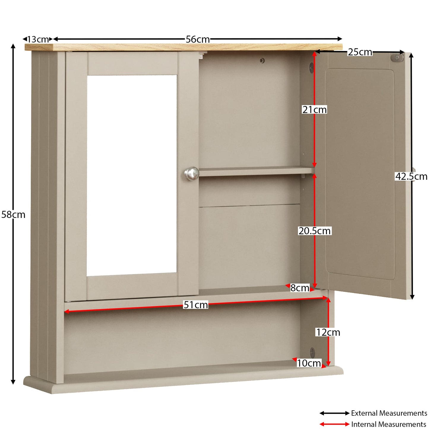 Bath Vida Priano Double Door Bathroom Cabinet, Wood, Grey & Oak, Mirrored Wall Mounted Storage Furniture
