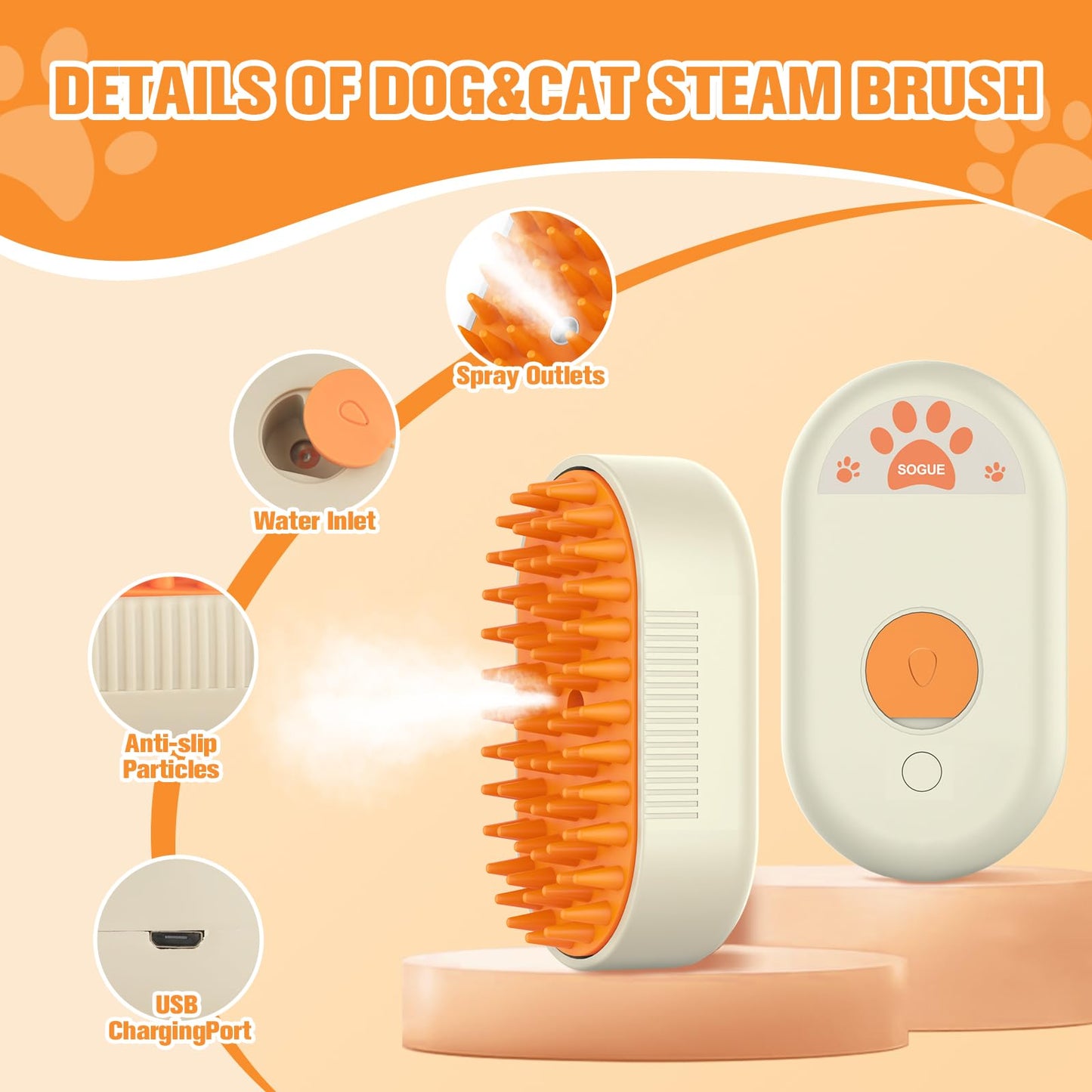 Steam Brush for Cats Dogs,Cat Steam Brushes for indoor Cats,3 in 1 Steam Cat Brush for Shedding,Silicone Pet Spray Hair Removal Comb for Massage,Combing,Rechargeable Dog Brushes for GroomingYellow