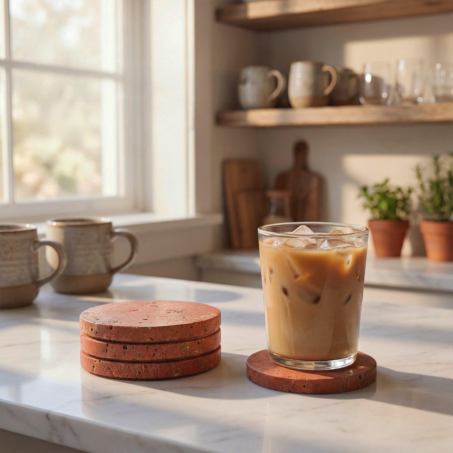 Red Travertine Coasters Set of 4, 10cm Diameter Natural Stone Coasters with Non-Slip Cork Backing, for Coffee Table Kitchen Office Decor