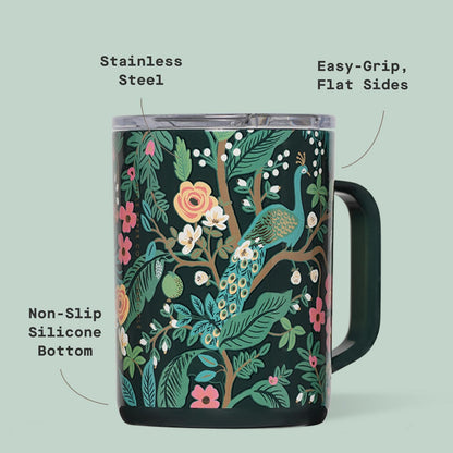 Corkcicle x Rifle Paper Co. Triple Insulated Coffee Mug with Lid & Handle - Keeps Beverages Hot for 3+ Hours - Gift for Mom - Great for Mother's Day or Christmas - 16 oz - Peacock Blue