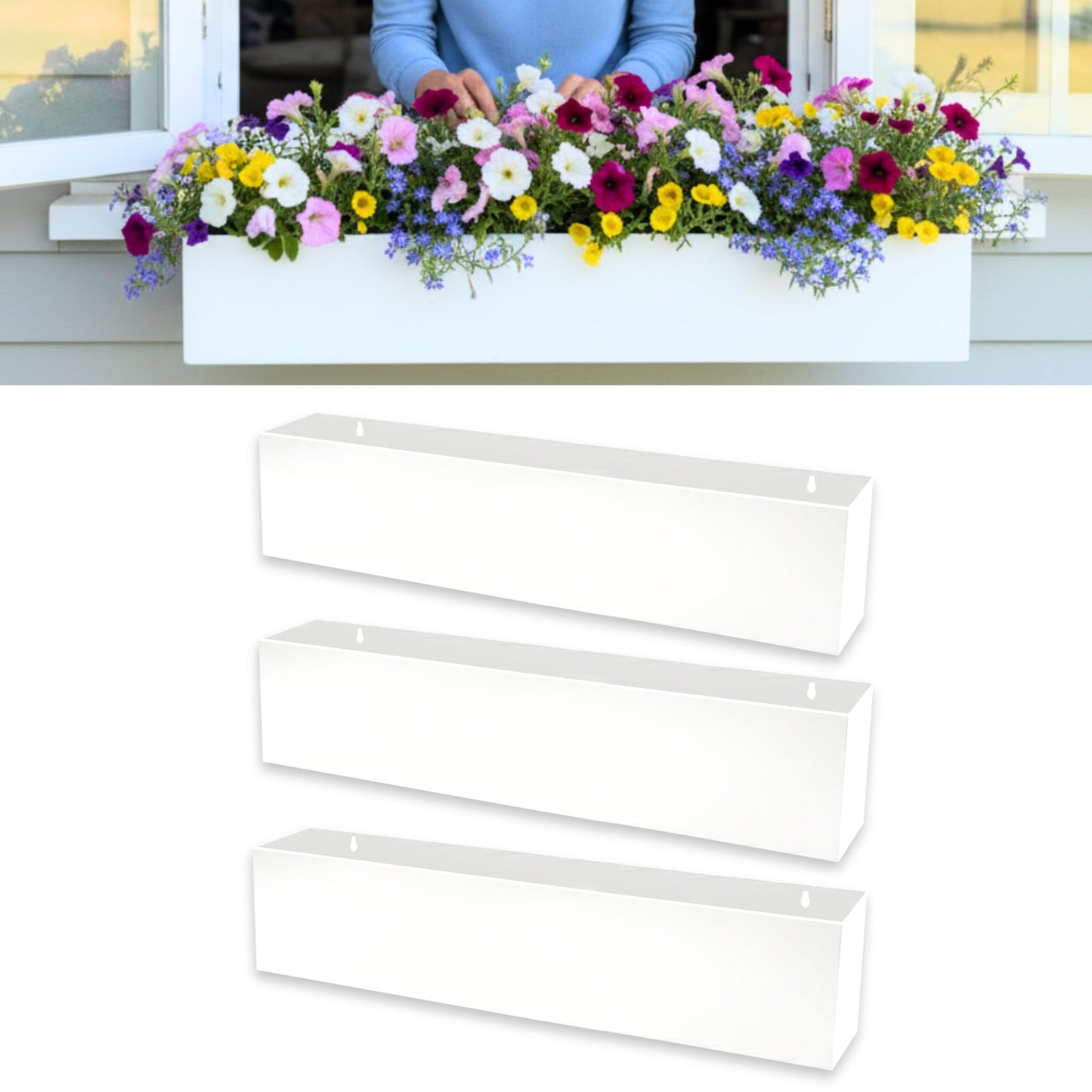 LaLaGreen Wall Planters for Outdoor Plants (36 Inch, 3 Pack) White Carbon Steel Metal Hanging Flower Pots, Long Rectangular Wall Mount Window Box Planters for Succulents, Fence, Deck Home Garden Decor