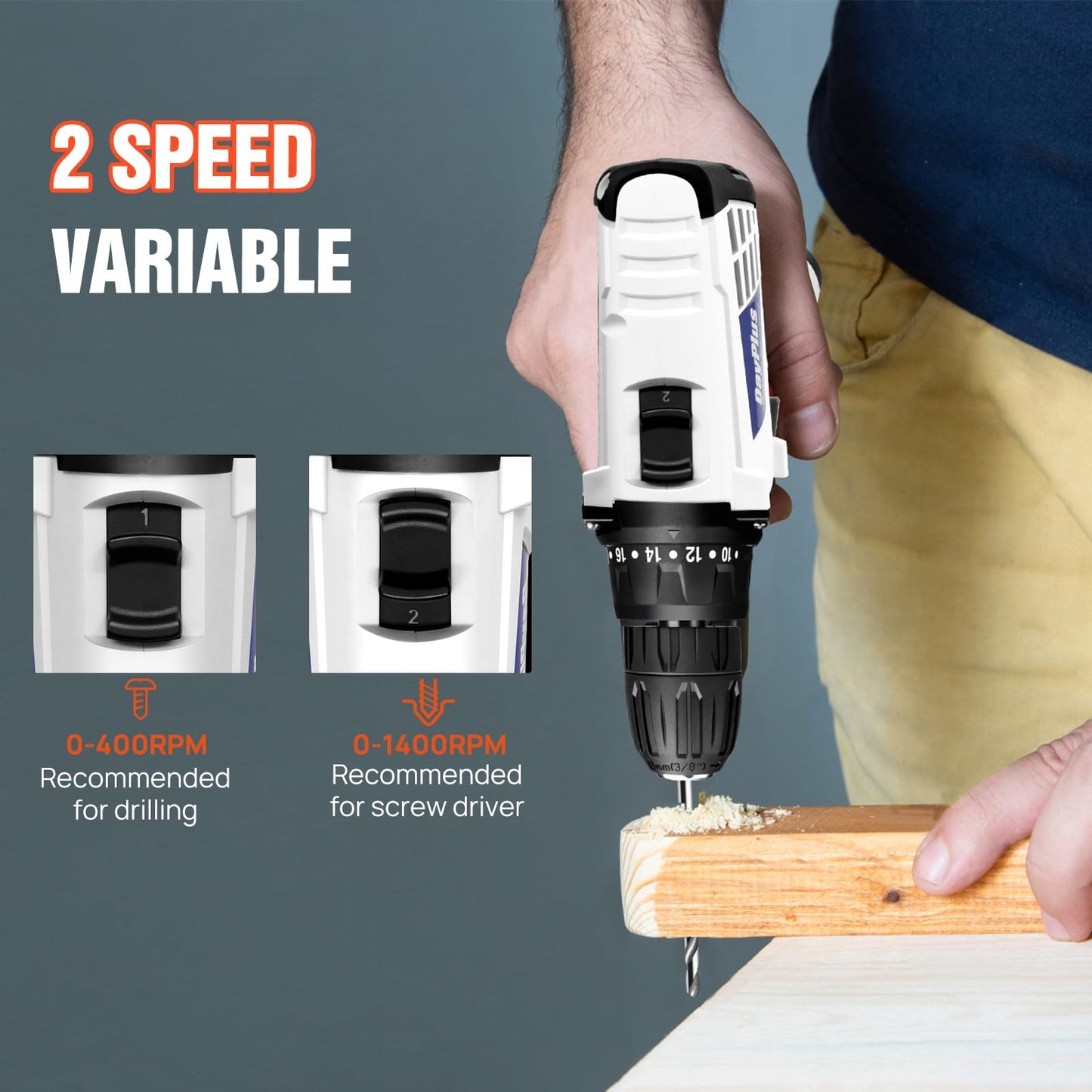 Mini Cordless Drill Driver Kit w/One Battery, 12V Electric Screwdriver Driver Tool Kit with LED Work Light, Max Torque 45 N.m, 3/8 Inch Keyless Chuck, 18+1 Position, Dual Speed 0-400/1400rpm