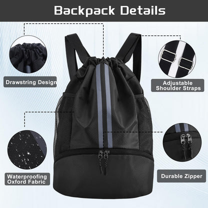 YEVOPOU Sports Drawstring Backpack with Shoes Compartment, String Gym Bag with Wet Proof Pocket for Basketball, Soccer, Swim, Black Sport Bag for Men and Women
