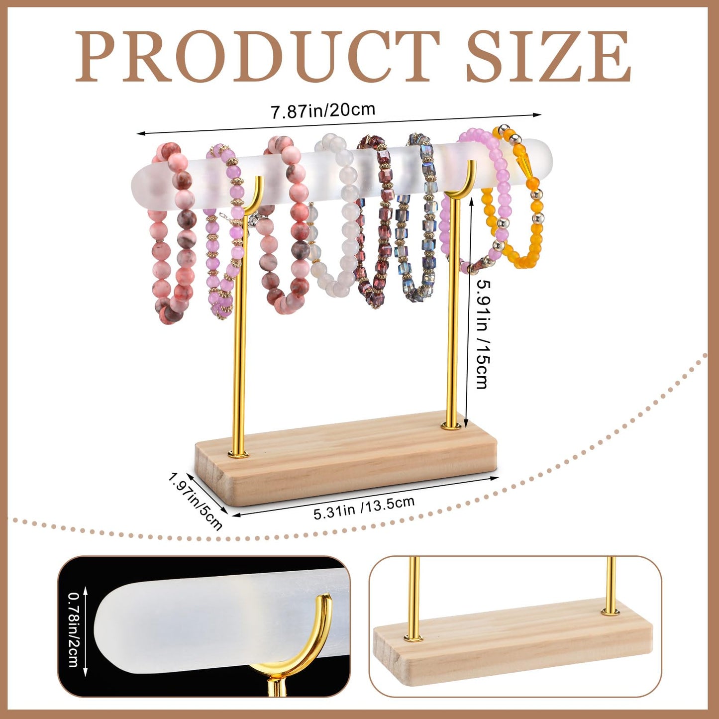 RattanView Selenite Bracelet Holder Display Stand Crystal Healing Goth Bracelet Display Stand Detachable Jewelry Wrap Watch Organizer Holder with Wooden Base for Bangles Charging Clean(1 Tier)