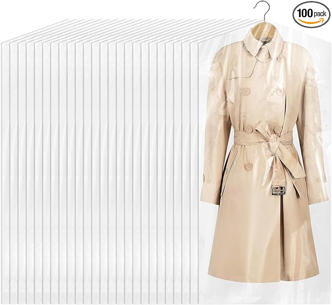 100 Pack Dry Cleaning Bags, 60x120 cm Clear Plastic Garment Bags