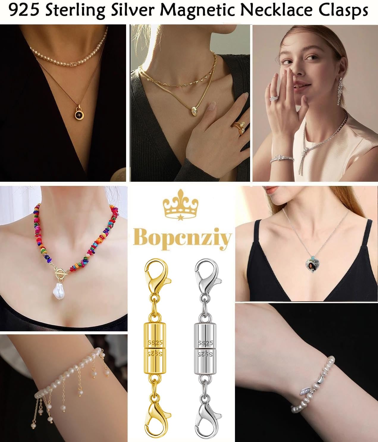 Magnetic Jewelry Clasps, 925 Sterling Silver, Strong Magnetic Closures for Necklaces and Bracelets (8pcs Golden Silvery)