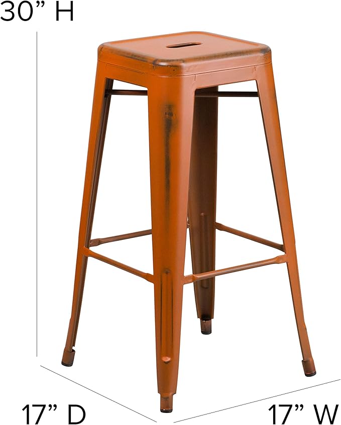 Flash Furniture Kai Commercial Grade 30" High Backless Distressed Orange Metal