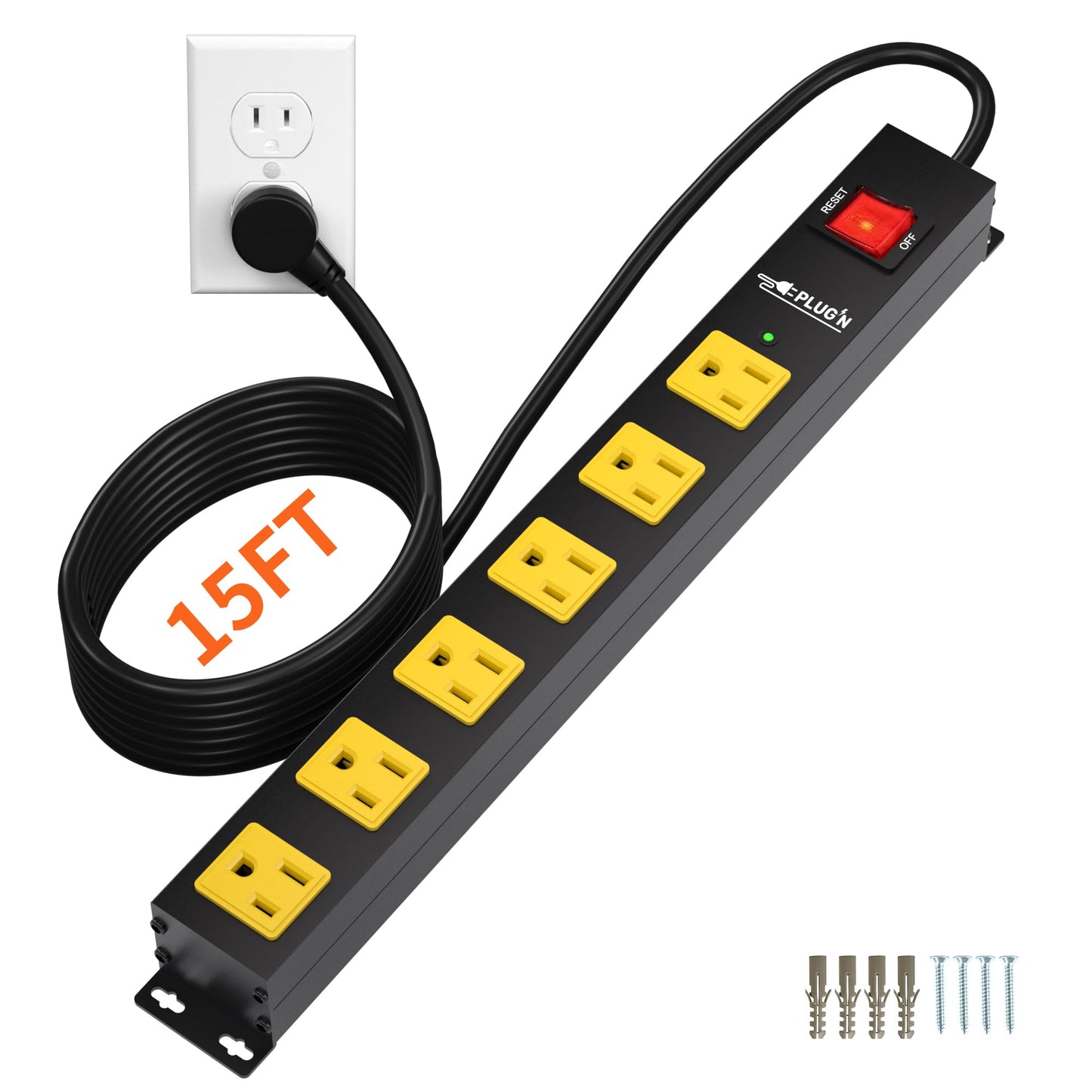 Power Strip 2700J Surge Protector, 6 Outlet Heavy Duty Power Strips with Flat Plug and 6FT Long Cord, Wall Mountable Metal Outlet Strip for Desk, Garage, Workbench and Kitchen