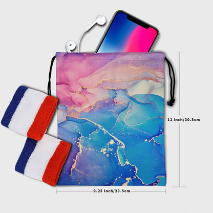 Pink Marble Gymnastics Grip Pouch - Gymnastic Bags for Gymnasts, Glitter Texture, Blue, Purple, Gold, Abstract Ink Paint, Water Resistant, Adjustable 9.25" x 12"