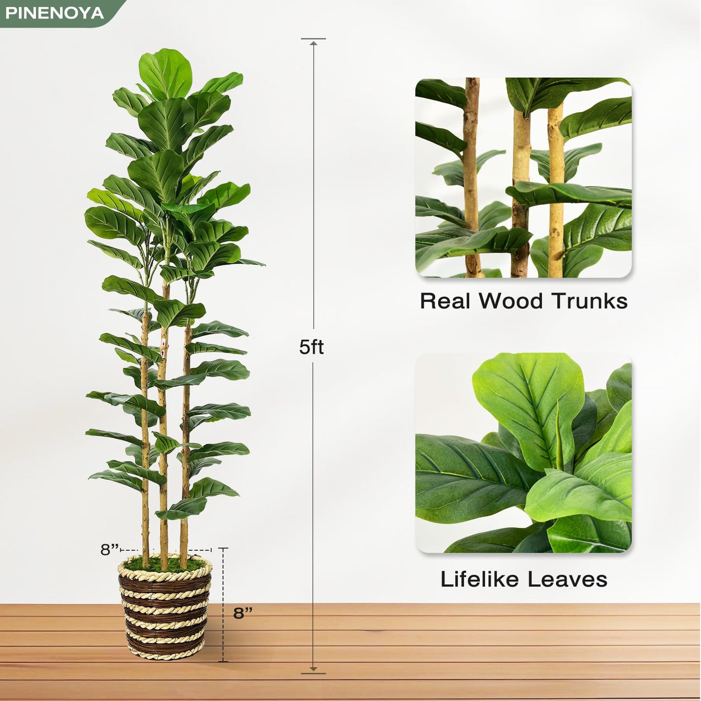 Artificial Fiddle Leaf Fig Tree Indoor with Woven Basket - 5ft Tall Fake Tree with Real-Wood Trunk,Faux Plants for Living Rooms, Offices, Kitchens & Outdoor Spaces (Round Basket)