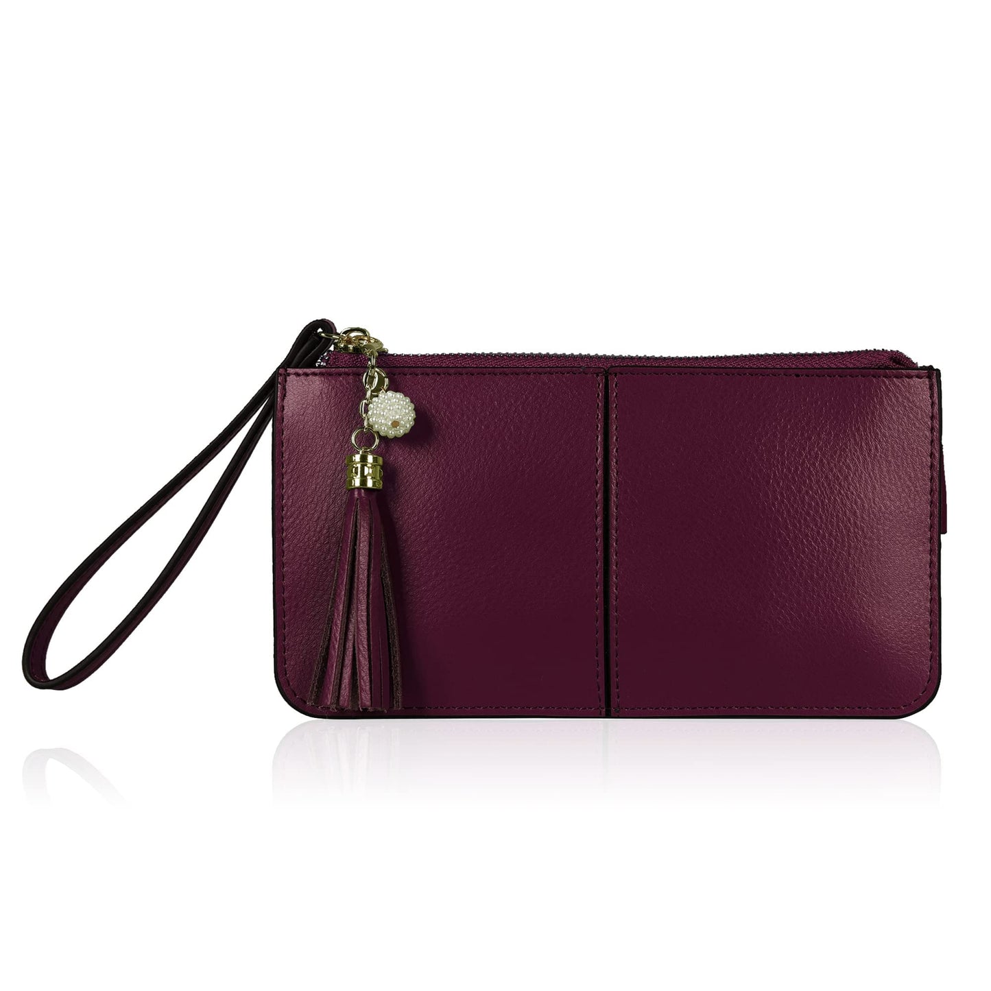 befen Wristlet Bags Women's Genuine Leather Wristlet Clutch Cell Phone Bag Ladies Purse with Tassel Wrist Strap & Card Slots, Zip Pocket Coins Compartment